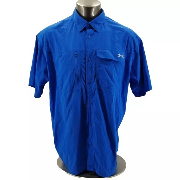 Under Armour Fish Hunter Button Up Shirt Mens 2XL Blue Vented Heatgear Fishing - Picture 2 of 9